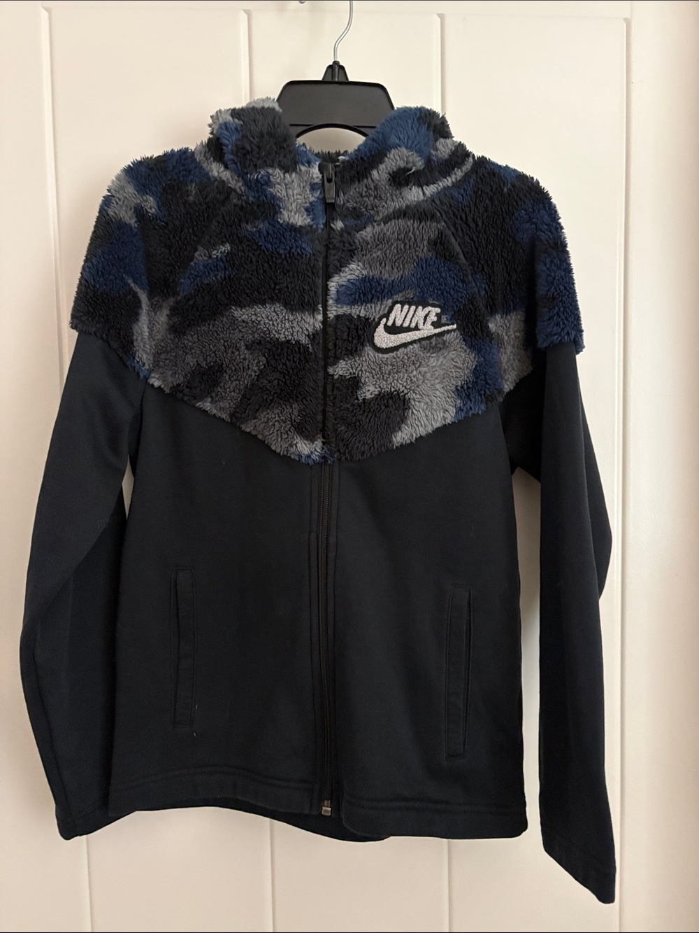 Nike Kids Black Hooded Jacket with Blue & Gray Fleece